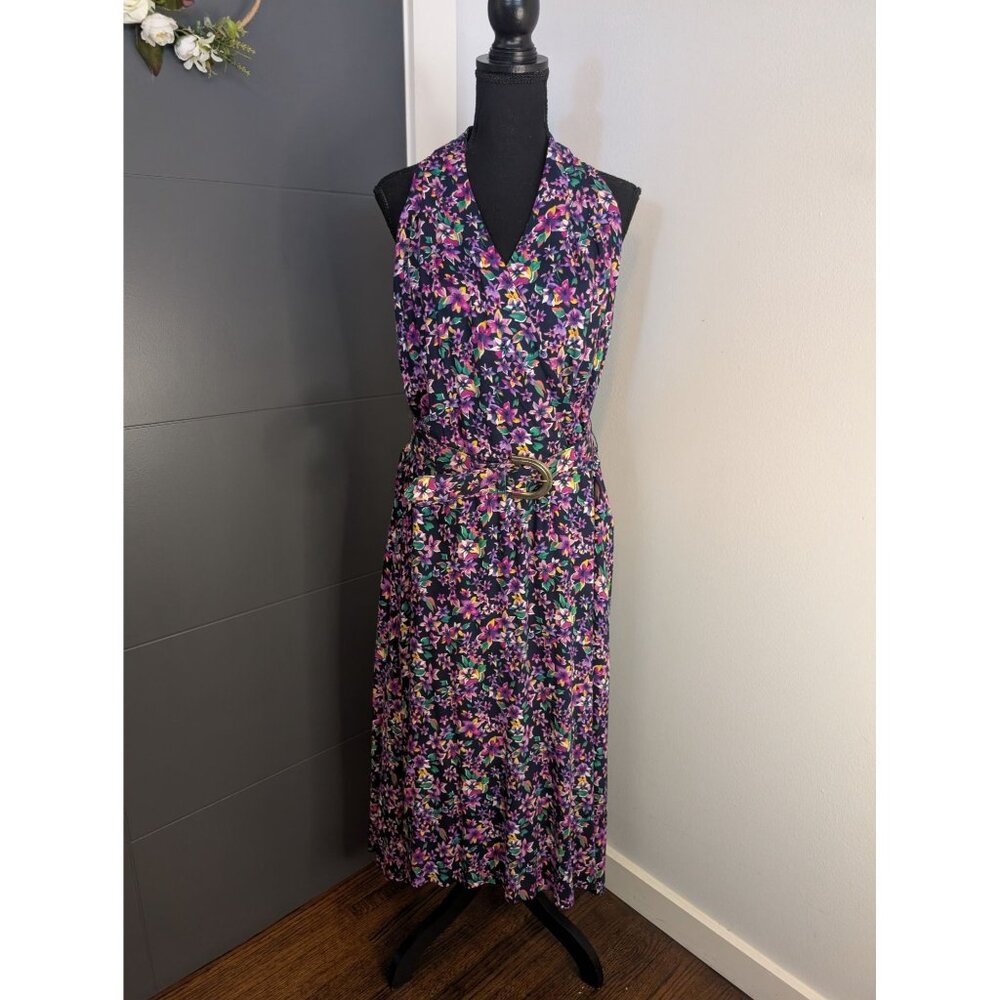Vintage Melissa Harper Purple Multicolor Floral Halter Neck‎ Wrap Dress - 14